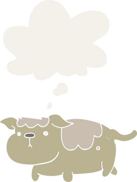 Düşünce baloncuğu olan bir insan tarafından çizilmiş çizgi film köpeği.