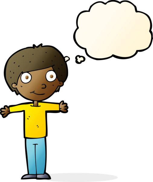 Bir insan tarafından çizilmiş düşünce baloncuğuyla kolları açık mutlu çocuk çizgi filmi.