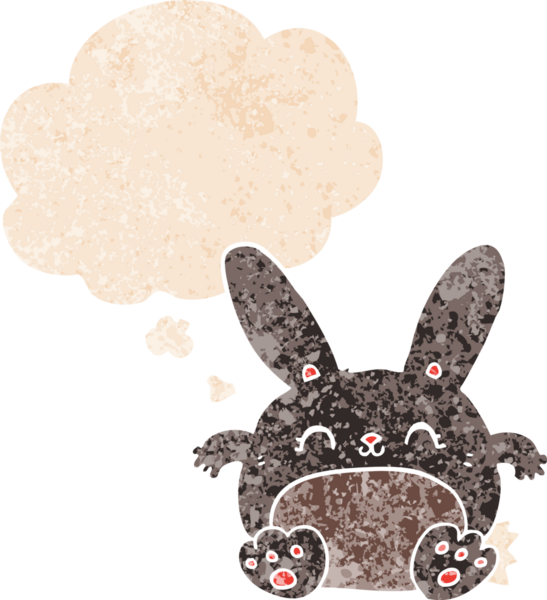 Düşünce baloncuklu çizgi film tavşanı grunge dertli eski moda bir insan tarafından çizilmiş.