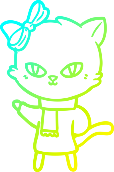 Bir insan tarafından çizilmiş kışlık giysili şirin bir kedi çizimi.