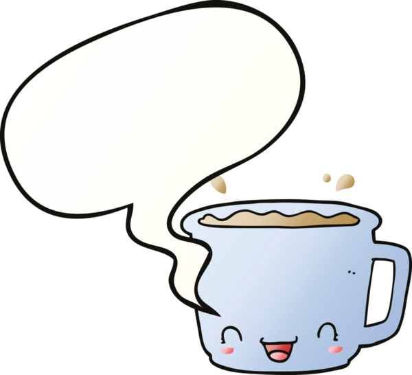 Bir insan tarafından çizilmiş, konuşma baloncuklu bir kahve fincanı.