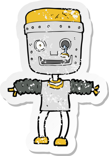 Bir insan tarafından çizilmiş karikatür robotunun gerilmiş yapıştırması.