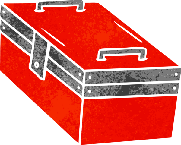 Metal bir alet kutusunun insan eliyle çizilmiş karikatür karikatürü.