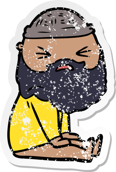 Bir insan tarafından çizilmiş sakallı bir çizgi film karakterinin sıkıntılı çıkartması.