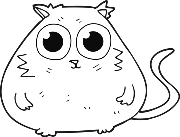 Bir insan tarafından çizilmiş büyük, güzel gözleri olan siyah beyaz çizgi film kedisi.