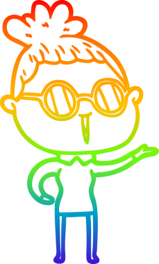 Bir insan tarafından çizilmiş gözlük takan bir karikatür kadının çizimi.