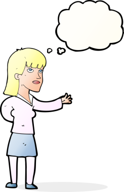 Bir insan tarafından çizilen düşünce baloncuğuyla açıklayan çizgi film kadını.