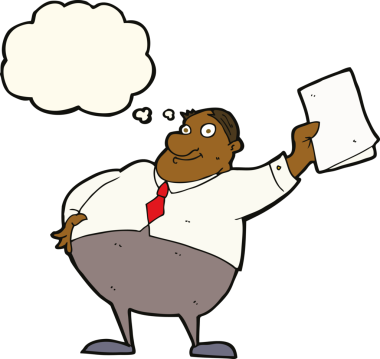 Çizgi film patronu, bir insan tarafından çizilmiş düşünce balonuyla kağıtları sallıyor.