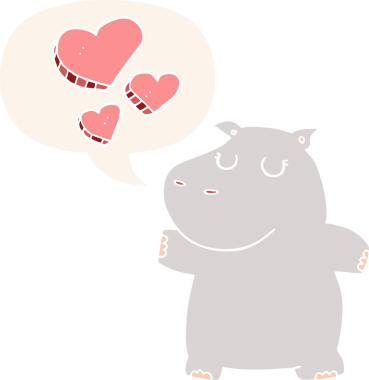 Çizgi film hipopotamları, bir insan tarafından çizilmiş konuşma baloncuğuna aşık.