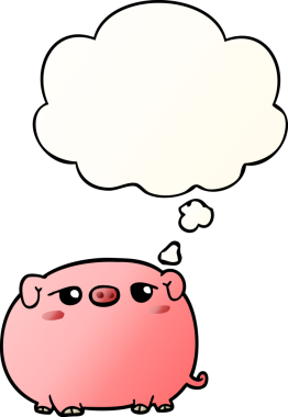 Düşünce baloncuğu olan sevimli çizgi film domuzu bir insan tarafından çizilmiş.