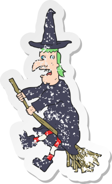 Bir insan tarafından çizilmiş süpürgeyle uçan bir cadının gerici, sıkıntılı çıkartması.