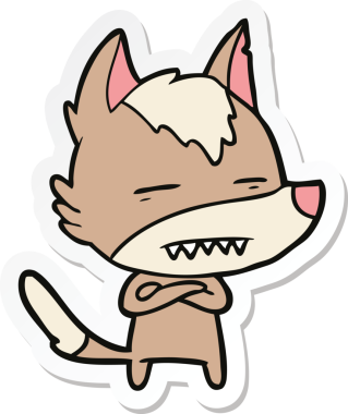 Bir insan tarafından çizilmiş dişleri gösteren bir kurt çizgi film etiketi.