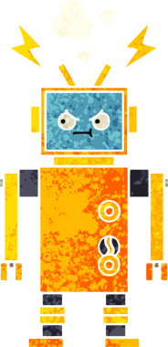 Bir insan tarafından çizilmiş arızalı bir robotun retro çizim tarzı karikatürü