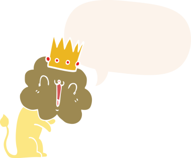 Bir insan tarafından çizilmiş, konuşma baloncuğu olan, taç takan çizgi film aslanı.