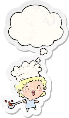 Düşünce baloncuğu olan karikatür şefi bir insan tarafından çizilmiş yıpranmış bir çıkartma.