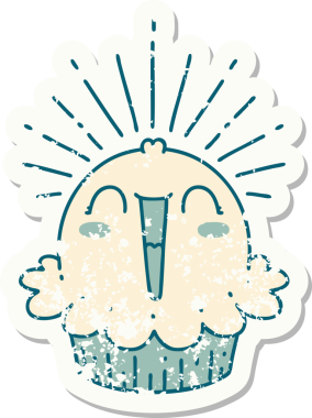 Dövme stili eski bir çıkartma. Bir insan tarafından çizilmiş mutlu şarkı söyleyen kek.