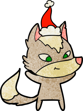 Bir insan tarafından çizilmiş Noel Baba şapkası takan bir kurt resmi.