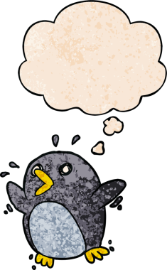 Bir insan tarafından çizilmiş grunge desenli düşünce baloncuğu olan karikatür korkmuş penguen.