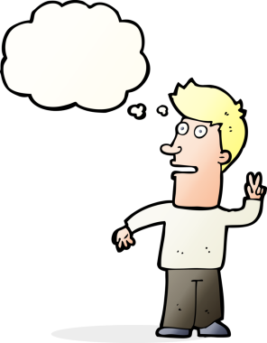 Bir insan tarafından çizilmiş düşünce baloncuğuyla barış işareti yapan çizgi film adamı.