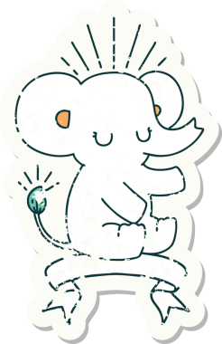 Dövme stili eski bir çıkartma. Bir insan tarafından çizilmiş şirin bir fil.