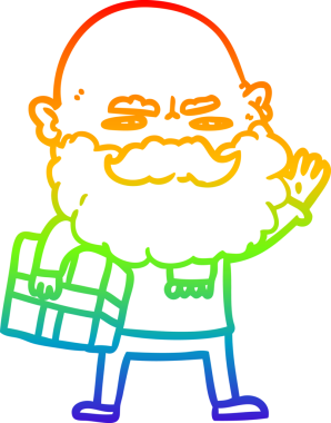 Gökkuşağı gradyan çizimi sakallı bir çizgi film adamı bir insan tarafından çizilmiş xmas hediyesiyle kaşlarını çatıyor