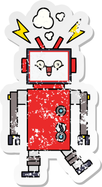 Bir insan tarafından çizilmiş sevimli bir robot çizgi film çıkartması.