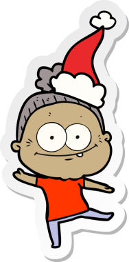 Bir insan tarafından çizilmiş Noel Baba şapkası giyen mutlu yaşlı bir kadının el yazısı.