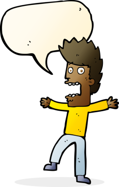 Bir insan tarafından çizilmiş, konuşma balonuyla dehşete düşmüş bir adam.