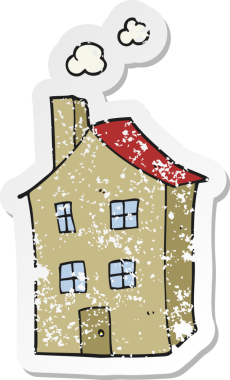 Bir insanın çizdiği karikatür evinin gerilimli retro yapıştırması.