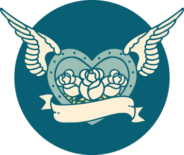 Bir insan tarafından çizilmiş çiçek ve bayrak ile uçan bir kalbin ikonik dövme görüntüsü