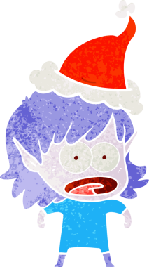 Bir insan tarafından çizilmiş Noel Baba şapkası giyen şok olmuş bir elf kızının el çizimi karikatürü.