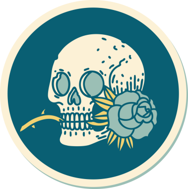 Geleneksel kafatası stili dövme çıkartması ve bir insan tarafından çizilmiş gül.