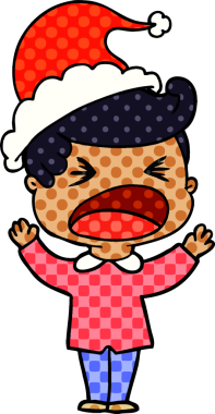 Bir insan tarafından çizilmiş Noel Baba şapkası giyen bağıran bir adamın el çizimi çizgi roman çizimi.