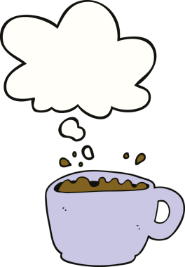 Bir insan tarafından çizilmiş düşünce baloncuklu kahve fincanı.