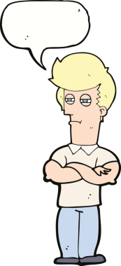 Bir insan tarafından çizilmiş, kolları katlanmış, konuşma balonu olan çizgi film adamı.