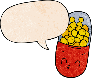 Konuşma baloncuğu olan çizgi film hapı insan tarafından çizilmiş.