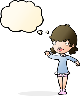 Bir insan tarafından çizilmiş düşünce baloncuğuyla el sallayan çizgi film kadını.