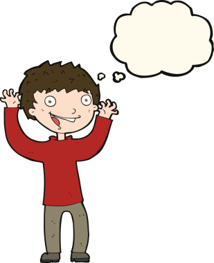 Bir insan tarafından çizilmiş düşünce baloncuğu olan heyecanlı çocuk.