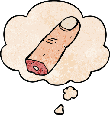 bir insan tarafından çizilmiş grunge desen şeklinde düşünce baloncuğu ile kesilmiş parmak karikatürü.