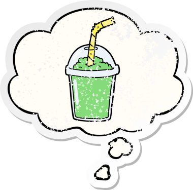 Düşünce baloncuklu buzlu içecek. Bir insan tarafından çizilmiş yıpranmış bir çıkartma gibi.