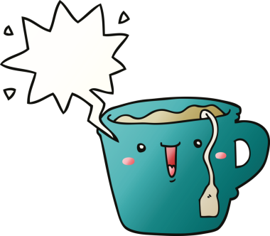 Hoş bir çizgi film kahve fincanı, konuşma baloncuğu ve bir insan tarafından çizilmiş yumuşak bir gradyan tarzı.