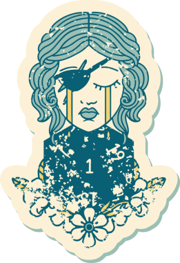 Bir insan tarafından çizilmiş doğal bir d20 rulo ile ağlayan bir insan haylaz etiketi.