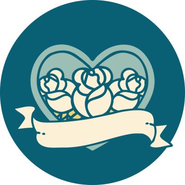 İkonik dövme stili bir kalp ve bir insan tarafından çizilmiş çiçekli pankart.