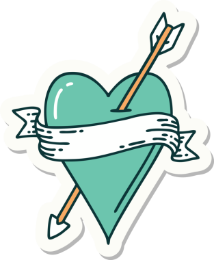 Bir insan tarafından çizilmiş ok kalp ve pankartın geleneksel stiliyle dövme çıkartması.