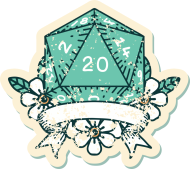 Retro Dövme Biçimi Doğal 20 kritik vuruş D20 zar bir insan tarafından çizildi