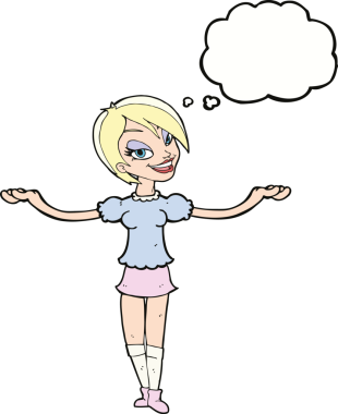 Bir insan tarafından çizilmiş düşünce baloncuğuyla açık kollu jest yapan çizgi film kadını.