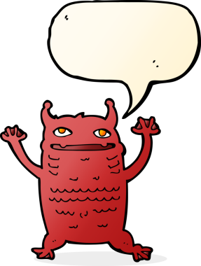 Bir insan tarafından çizilmiş konuşma balonu olan küçük bir canavar.