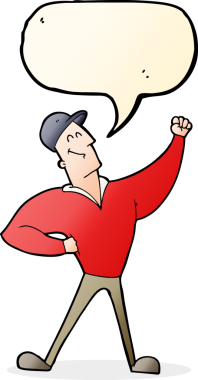 Bir insan tarafından çizilen konuşma baloncuğuyla kahramanca poz veren çizgi film adamı.