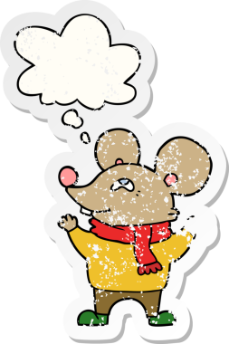 Düşünce baloncuklu eşarp takan karikatür faresi bir insan tarafından çizilmiş yıpranmış bir çıkartma gibi