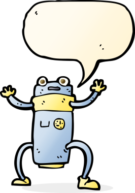 Bir insan tarafından çizilmiş konuşma balonu olan çizgi film robotu.